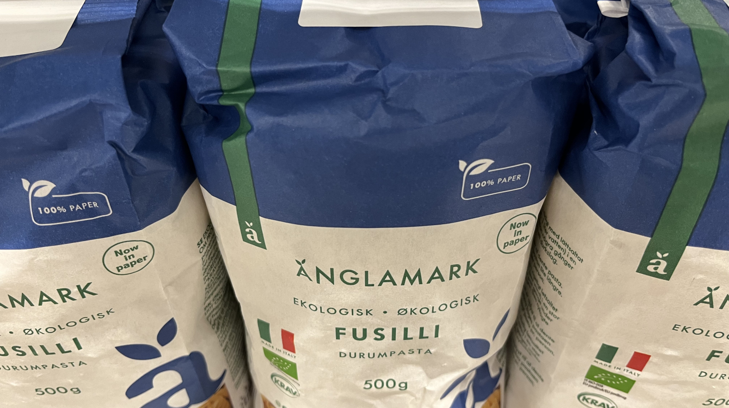 Änglamark pasta byter till papp – sparar 30 ton plast